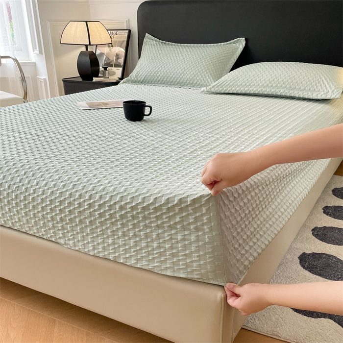 91家纺网 家纺一手货源 找家纺 梦舒羽 2025新款魔方格泡泡大提花床笠华夫格床垫保护套 魔方格泡泡-云川绿