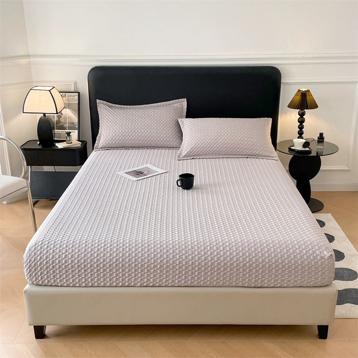 91家纺网 家纺一手货源 找家纺 梦舒羽 2025新款魔方格泡泡大提花床笠华夫格床垫保护套 魔方格泡泡-银月灰