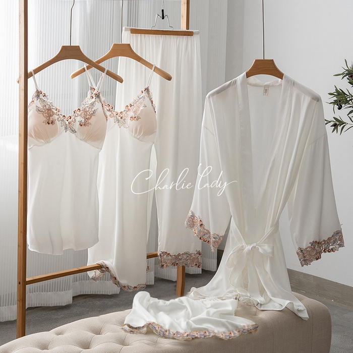 91家纺网 家纺一手货源 找家纺 （总）2024新款睡衣睡裙女夏季冰丝薄款性感带胸垫吊带短裤长裤春夏家居服软蕾丝五件套包邮