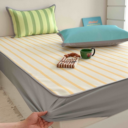 91家纺网 家纺一手货源 找家纺 柚子YOUTH 2024新款900D简约条纹拼色冰丝席 黄条三拼-床笠款