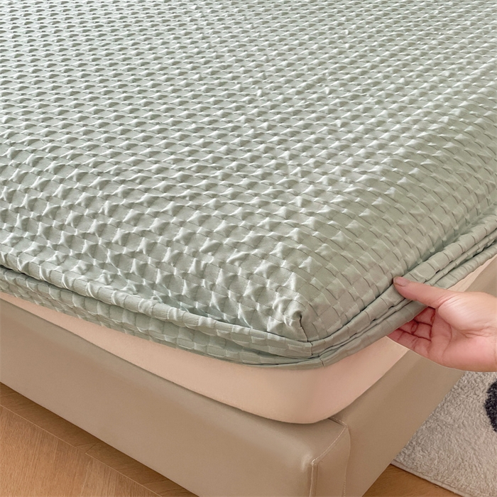 91家纺网 家纺一手货源 找家纺 梦舒羽 2025新款魔方格泡泡大提花床笠华夫格床垫保护套 魔方格泡泡-云川绿