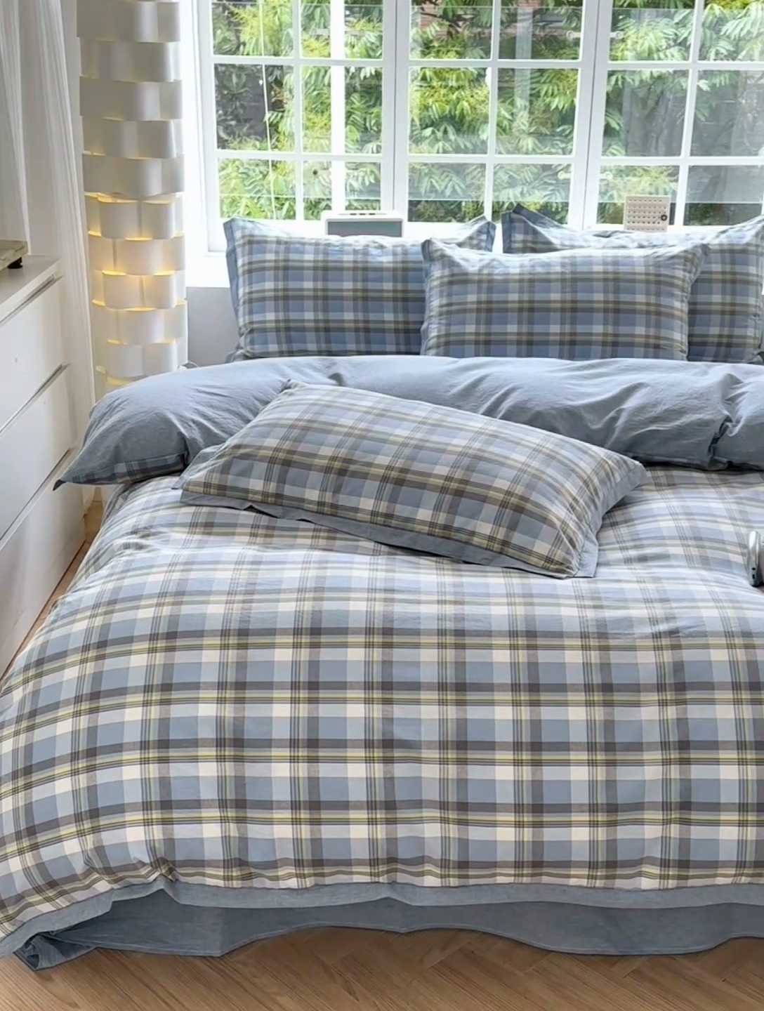 91家纺网 家纺一手货源 找家纺 晚依家纺 2024新款全棉色织水洗棉宽边断角四件套 幸福恋曲-蓝