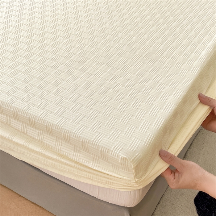 91家纺网 家纺一手货源 找家纺 梦舒羽 2025新款魔方格泡泡大提花床笠华夫格床垫保护套 华夫格纯色-奶油黄