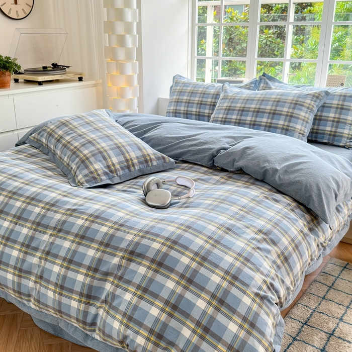 91家纺网 家纺一手货源 找家纺 晚依家纺 2024新款全棉色织水洗棉宽边断角四件套 幸福恋曲-蓝