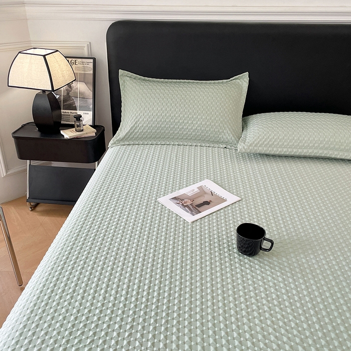 91家纺网 家纺一手货源 找家纺 梦舒羽 2025新款魔方格泡泡大提花床单华夫格床垫保护套床护垫 魔方格泡泡-云川绿