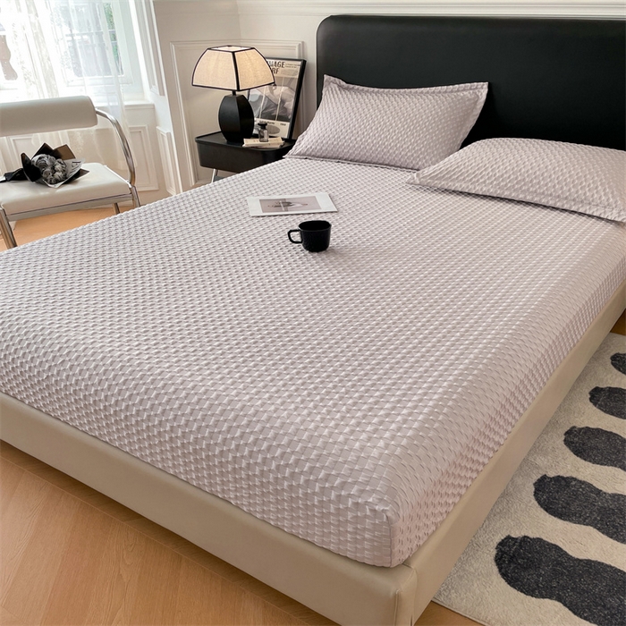 91家纺网 家纺一手货源 找家纺 梦舒羽 2025新款魔方格泡泡大提花床笠华夫格床垫保护套 魔方格泡泡-银月灰