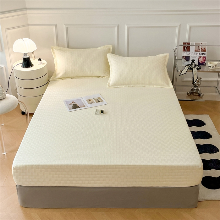 91家纺网 家纺一手货源 找家纺 梦舒羽 2025新款魔方格泡泡大提花床笠华夫格床垫保护套 华夫格纯色-奶油黄