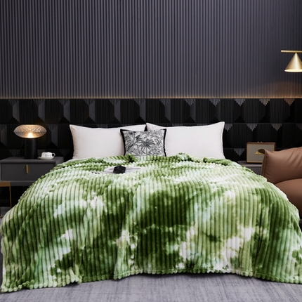 璐维斯家纺 2025款仿兔毛绒大抽条艺术扎染休闲毯子 牛奶绒 法莱绒毛毯 盖毯 跨境 外贸 直播 电商专供 清新绿