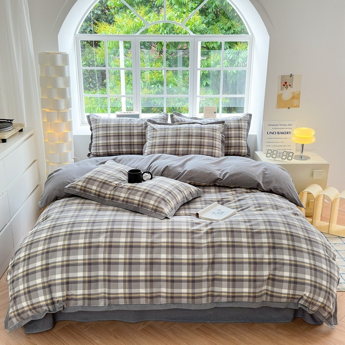 91家纺网 家纺一手货源 找家纺 晚依家纺 2024新款全棉色织水洗棉宽边断角四件套 幸福恋曲-灰