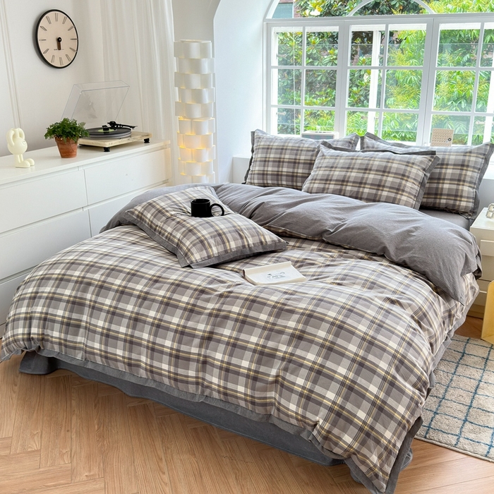 91家纺网 家纺一手货源 找家纺 晚依家纺 2024新款全棉色织水洗棉宽边断角四件套 幸福恋曲-灰