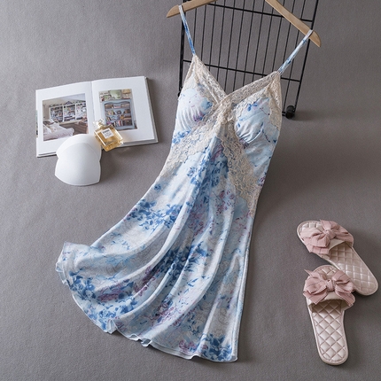 91家纺网 家纺一手货源 找家纺 （总）洛兰沙家居馆【只代发】【只代发】 2024新款睡衣睡裙女夏季冰丝薄款性感带胸垫吊带春夏家居服软蕾丝两件包邮