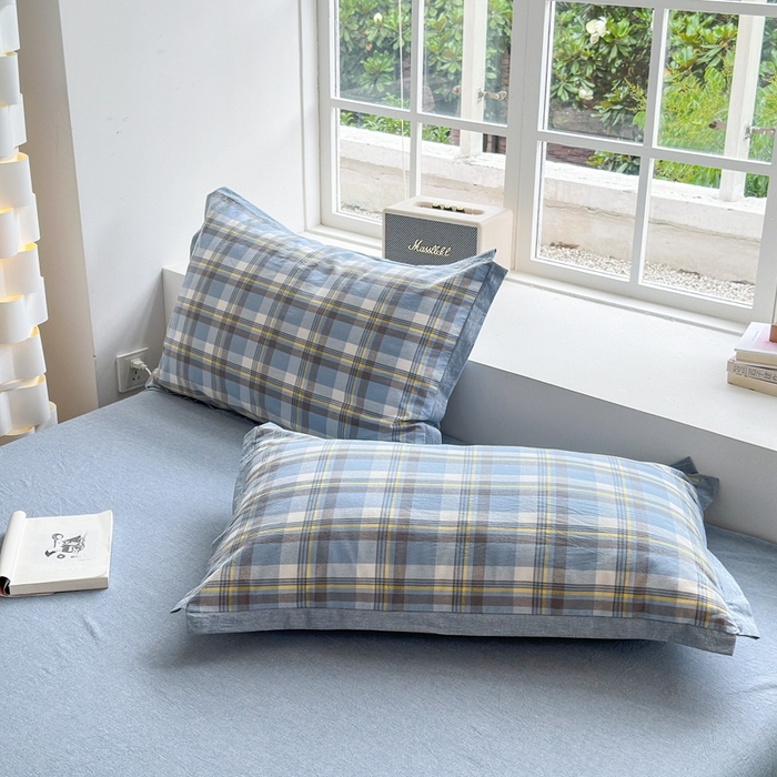 91家纺网 家纺一手货源 找家纺 晚依家纺 2024新款全棉色织水洗棉宽边断角四件套 幸福恋曲-蓝