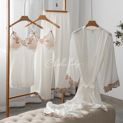 91家纺网 家纺一手货源 找家纺 （总）2024新款睡衣睡裙女夏季冰丝薄款性感带胸垫吊带短裤长裤春夏家居服软蕾丝五件套包邮