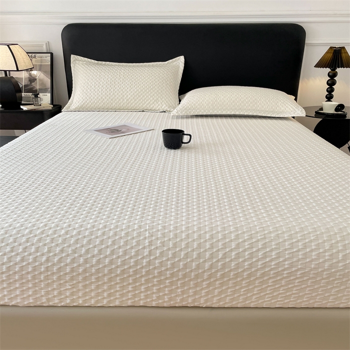 91家纺网 家纺一手货源 找家纺 梦舒羽 2025新款魔方格泡泡大提花床笠华夫格床垫保护套 魔方格泡泡-珍珠白