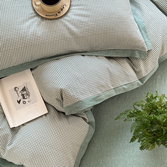 91家纺网 家纺一手货源 找家纺 晚依家纺 2025新款全棉色织水洗棉宽边断角四件套 爱的邂逅-绿