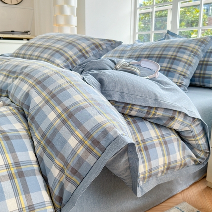 晚依家纺 2024新款全棉色织水洗棉宽边断角四件套 幸福恋曲-蓝