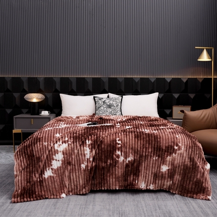 璐维斯家纺 2025款仿兔毛绒大抽条艺术扎染休闲毯子 牛奶绒 法莱绒毛毯 盖毯 跨境 外贸 直播 电商专供 美式咖