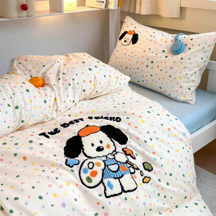 91家纺网 家纺一手货源 找家纺 锦觅 2024新款学生季全棉小清新绣花时尚复古卡通三件套四件套 小画家