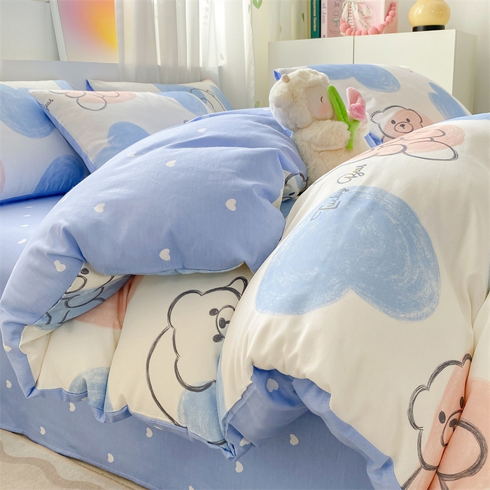 91家纺网 家纺一手货源 找家纺 本制 2024新款12868全棉印花四件套 彩色心愿-蓝