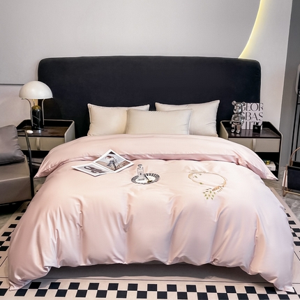 艾迪尚家纺 2025新款120S刺绣长绒棉单被套 孔雀-豆沙粉