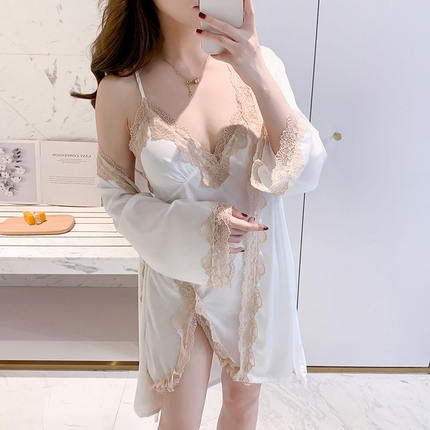 91家纺网 家纺一手货源 找家纺 （总）洛兰沙家居馆【只代发】【只代发】 2024新款冰丝绸性感睡衣女夏季薄款蕾丝美背开叉吊带睡裙睡袍两件套带胸垫软蕾丝两套