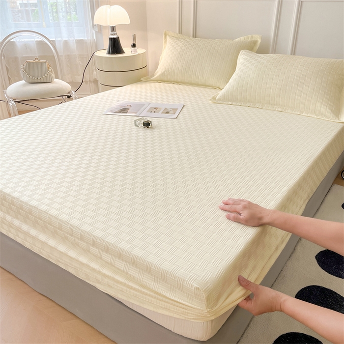 91家纺网 家纺一手货源 找家纺 梦舒羽 2025新款魔方格泡泡大提花床笠华夫格床垫保护套 华夫格纯色-奶油黄