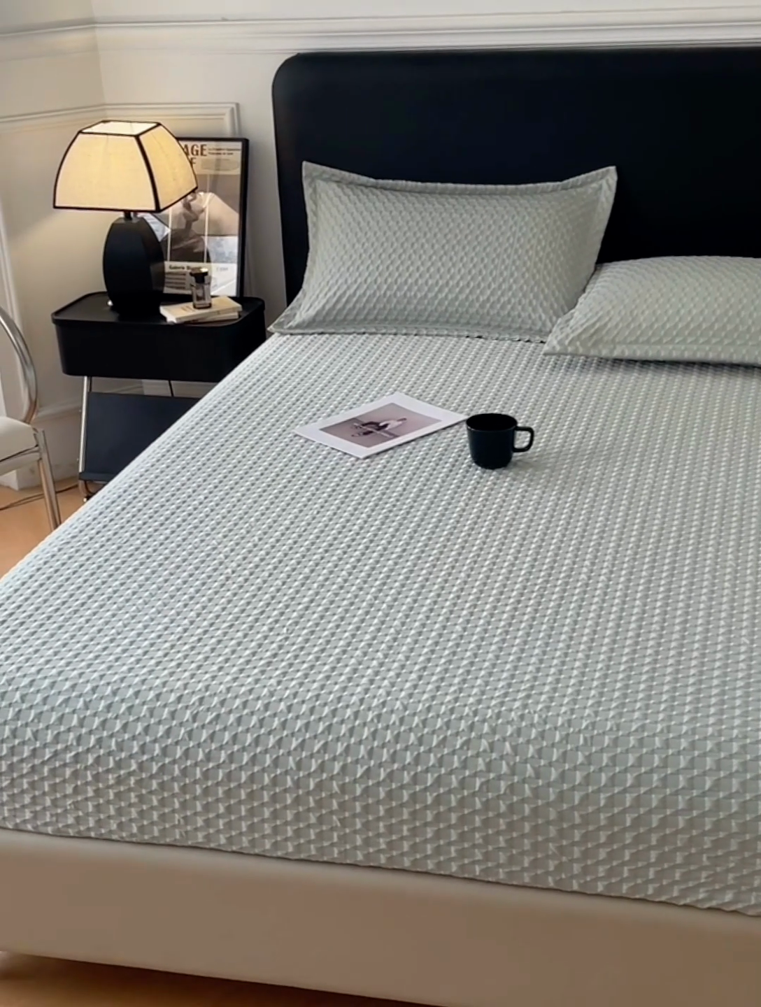 91家纺网 家纺一手货源 找家纺 梦舒羽 2025新款魔方格泡泡大提花床笠华夫格床垫保护套 魔方格泡泡-云川绿