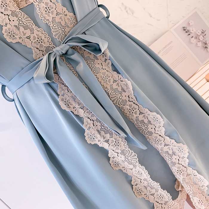 91家纺网 家纺一手货源 找家纺 （总）洛兰沙家居馆【只代发】【只代发】 2024新款冰丝绸性感睡衣女夏季薄款蕾丝美背开叉吊带睡裙睡袍两件套带胸垫软蕾丝两套