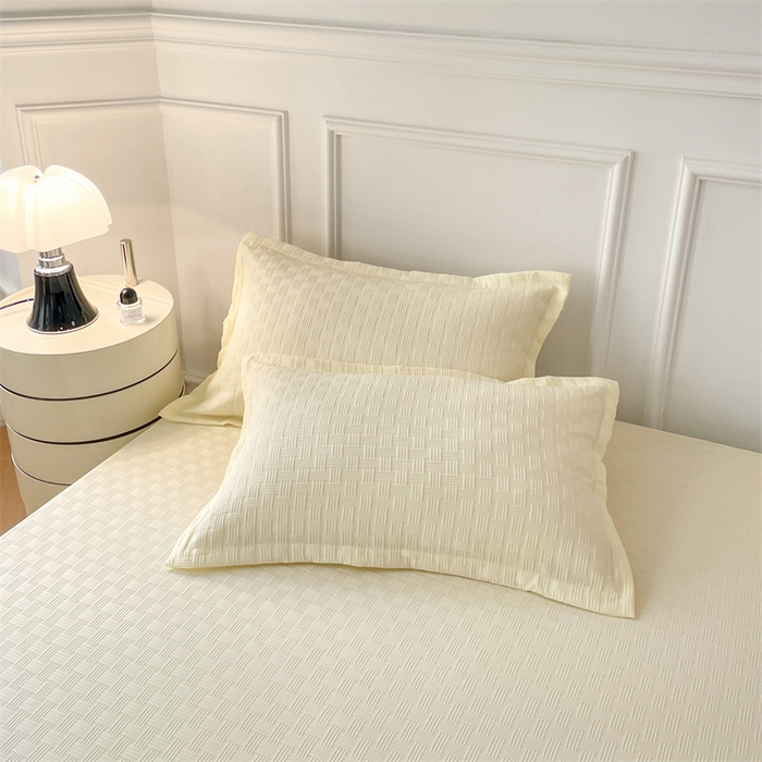 91家纺网 家纺一手货源 找家纺 梦舒羽 2025新款魔方格泡泡大提花床笠华夫格床垫保护套 华夫格纯色-奶油黄