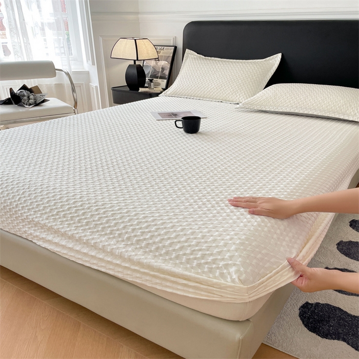 91家纺网 家纺一手货源 找家纺 梦舒羽 2025新款魔方格泡泡大提花床笠华夫格床垫保护套 魔方格泡泡-珍珠白