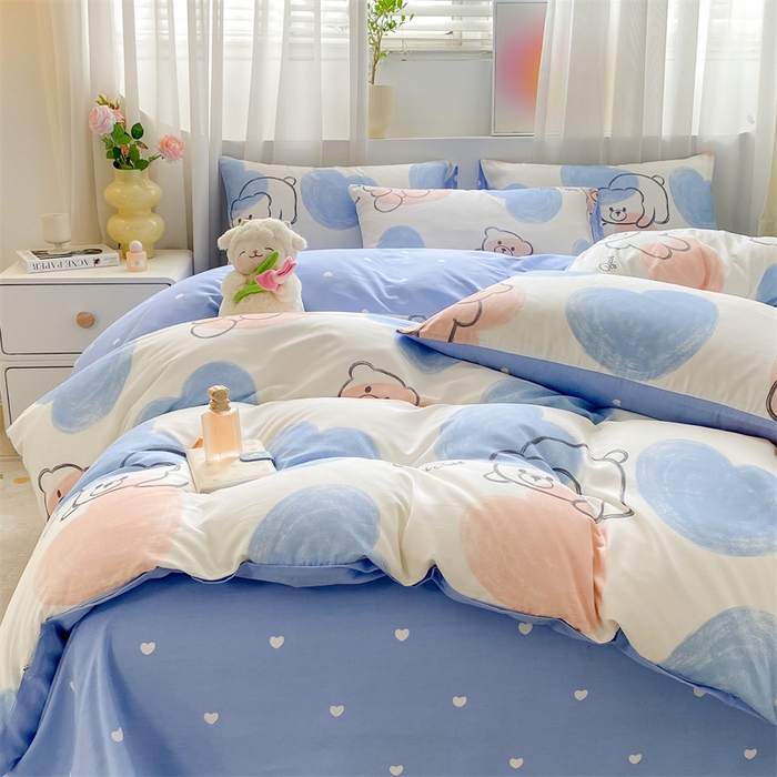 91家纺网 家纺一手货源 找家纺 本制 2024新款12868全棉印花四件套 彩色心愿-蓝