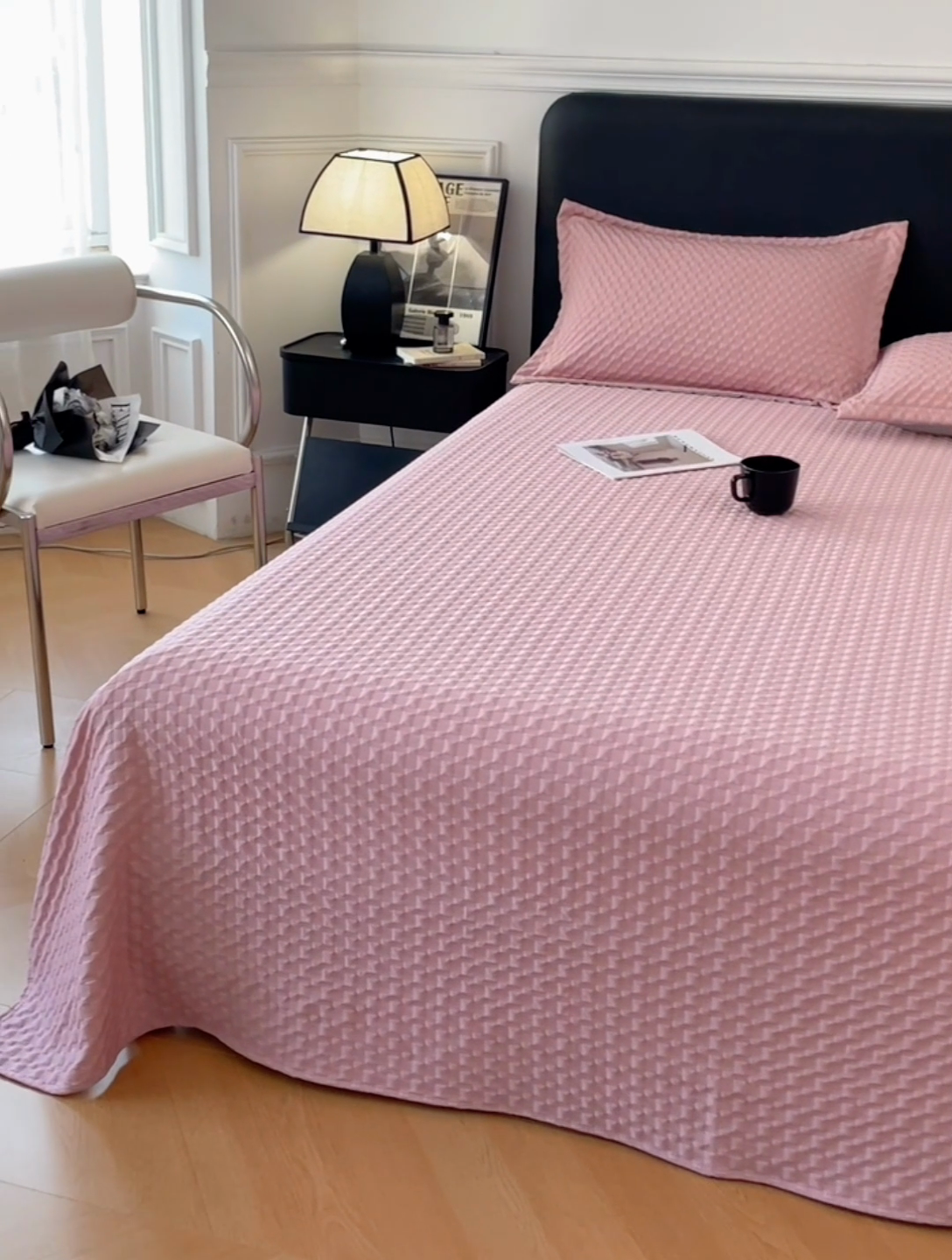 91家纺网 家纺一手货源 找家纺 梦舒羽 2025新款魔方格泡泡大提花床单华夫格床垫保护套床护垫 魔方格泡泡-梦幻粉