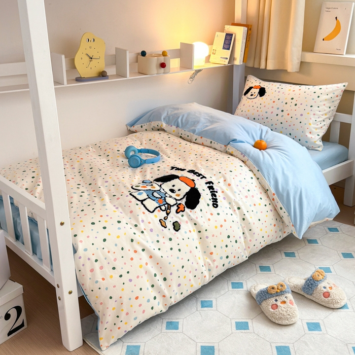 91家纺网 家纺一手货源 找家纺 锦觅 2024新款学生季全棉小清新绣花时尚复古卡通三件套四件套 小画家