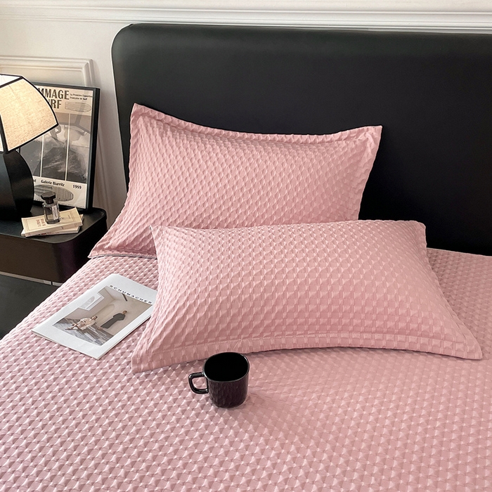 91家纺网 家纺一手货源 找家纺 梦舒羽 2025新款魔方格泡泡大提花床单华夫格床垫保护套床护垫 魔方格泡泡-梦幻粉