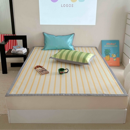91家纺网 家纺一手货源 找家纺 柚子YOUTH 2024新款900D简约条纹拼色冰丝席 黄条三拼-床席款