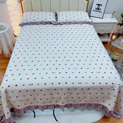 91家纺网 家纺一手货源 找家纺 暖居 2024新款莱赛尔莫代尔天丝床盖三件套 爱心笑脸  韩系大花边 