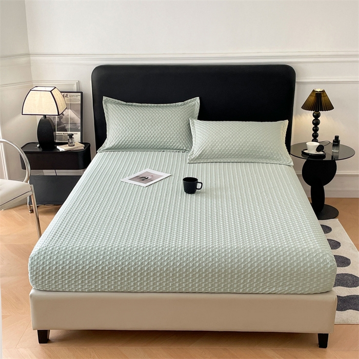 91家纺网 家纺一手货源 找家纺 梦舒羽 2025新款魔方格泡泡大提花床笠华夫格床垫保护套 魔方格泡泡-云川绿