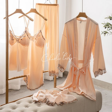 91家纺网 家纺一手货源 找家纺 （总）2024新款睡衣睡裙女夏季冰丝薄款性感带胸垫吊带短裤长裤春夏家居服软蕾丝五件套包邮