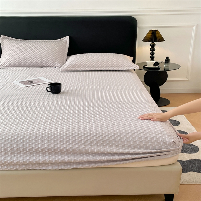 91家纺网 家纺一手货源 找家纺 梦舒羽 2025新款魔方格泡泡大提花床笠华夫格床垫保护套 魔方格泡泡-银月灰
