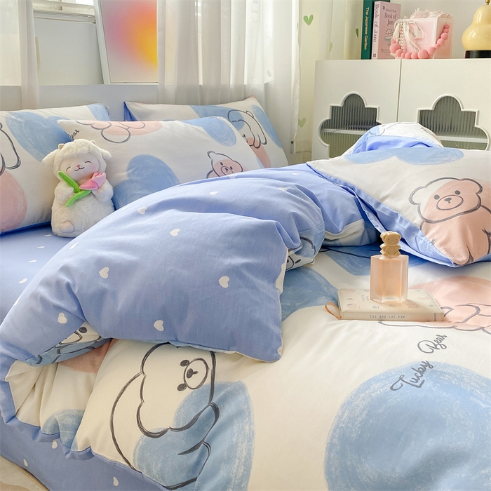 91家纺网 家纺一手货源 找家纺 本制 2024新款12868全棉印花四件套 彩色心愿-蓝