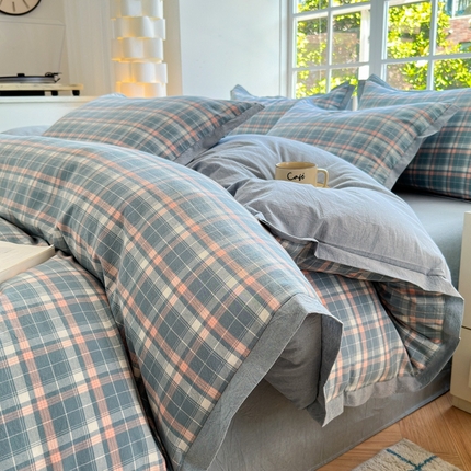 91家纺网 家纺一手货源 找家纺 （总）晚依家纺 2025新款全棉色织水洗棉宽边断角四件套