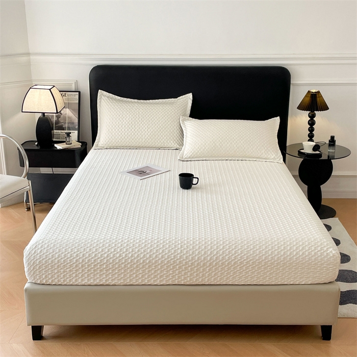 91家纺网 家纺一手货源 找家纺 梦舒羽 2025新款魔方格泡泡大提花床笠华夫格床垫保护套 魔方格泡泡-珍珠白