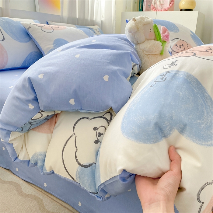 91家纺网 家纺一手货源 找家纺 本制 2024新款12868全棉印花四件套 彩色心愿-蓝