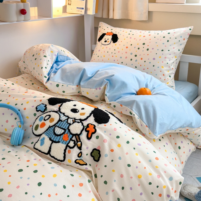 91家纺网 家纺一手货源 找家纺 锦觅 2024新款学生季全棉小清新绣花时尚复古卡通三件套四件套 小画家