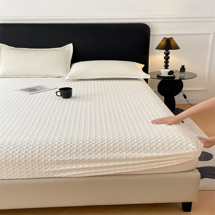 91家纺网 家纺一手货源 找家纺 梦舒羽 2025新款魔方格泡泡大提花床笠华夫格床垫保护套 魔方格泡泡-珍珠白