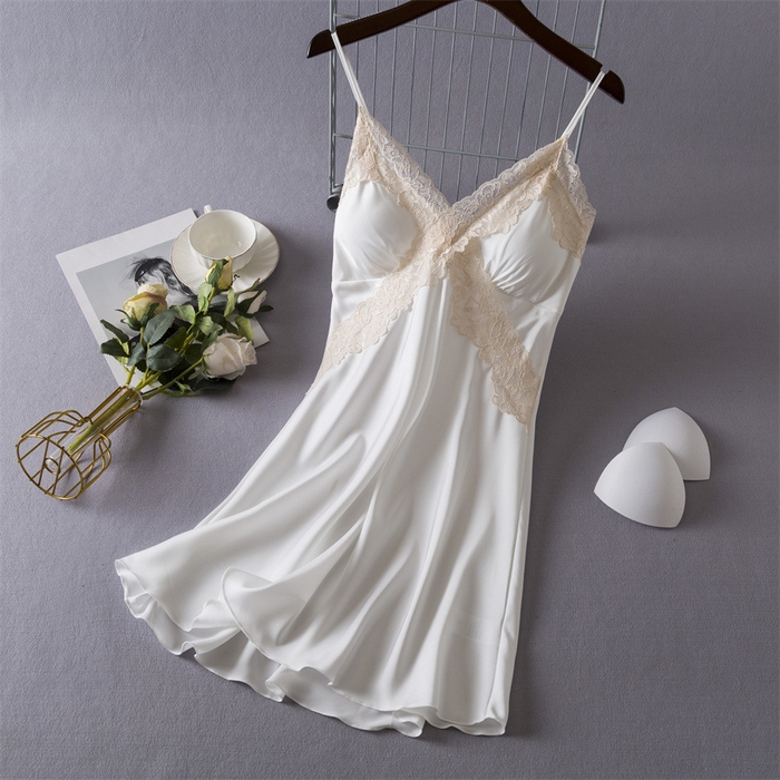 91家纺网 家纺一手货源 找家纺 （总）洛兰沙家居馆【只代发】【只代发】 2024新款睡衣睡裙女夏季冰丝薄款性感带胸垫吊带春夏家居服软蕾丝两件包邮