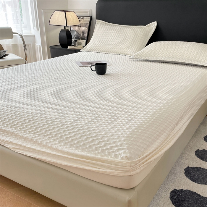 91家纺网 家纺一手货源 找家纺 梦舒羽 2025新款魔方格泡泡大提花床笠华夫格床垫保护套 魔方格泡泡-珍珠白