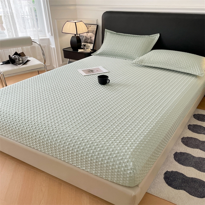 91家纺网 家纺一手货源 找家纺 梦舒羽 2025新款魔方格泡泡大提花床笠华夫格床垫保护套 魔方格泡泡-云川绿