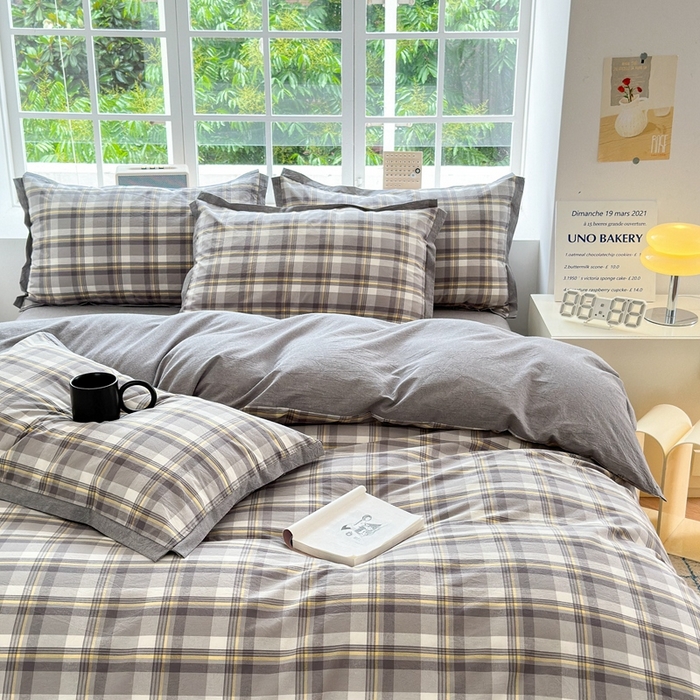 91家纺网 家纺一手货源 找家纺 晚依家纺 2024新款全棉色织水洗棉宽边断角四件套 幸福恋曲-灰