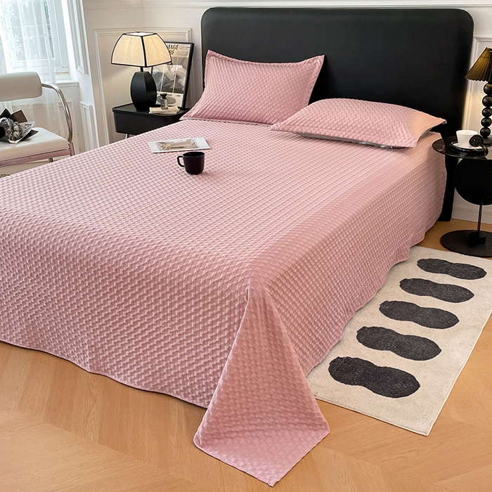 91家纺网 家纺一手货源 找家纺 梦舒羽 2025新款魔方格泡泡大提花床单华夫格床垫保护套床护垫 魔方格泡泡-梦幻粉